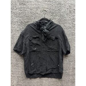 Jnby‎ Asymmetric Bow Collared Short Sleeve Rayon Shirt Black Womens Size S